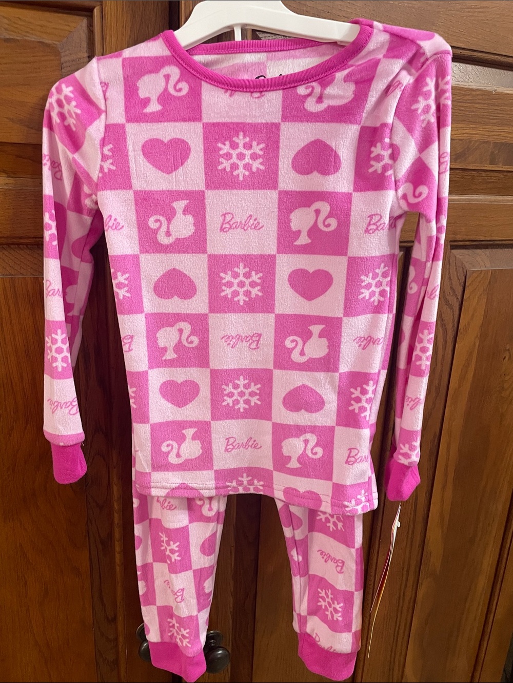 Barbie Pink Checkerboard Heart & Snowflake Pajama Set Sz. 4 NWT very soft
